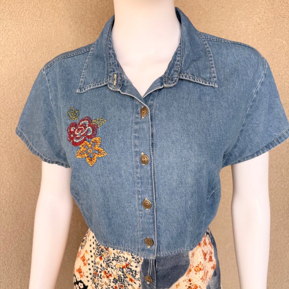 Vintage 90s Patchwork Denim Button Front Dress - image 5